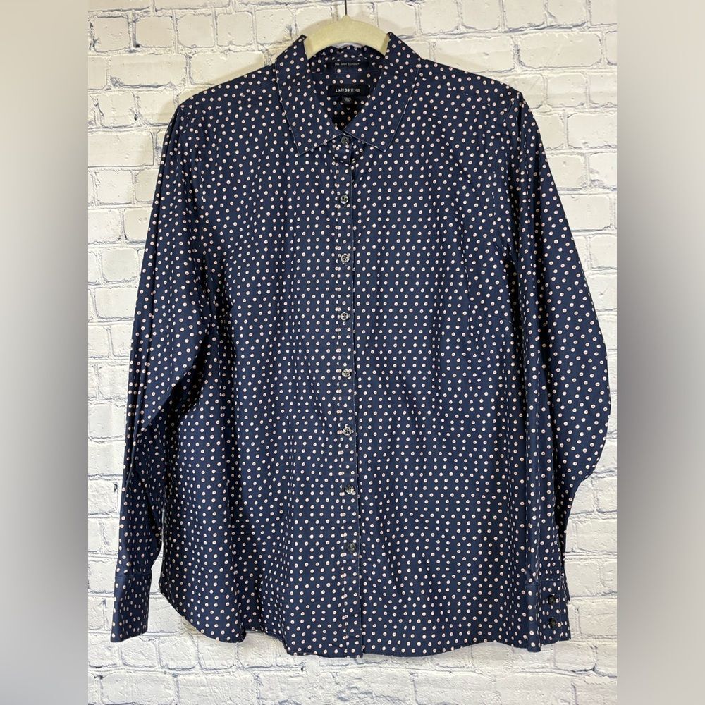 Lands’ End Navy Blue Pink Polka Dot Cotton Nautical Classic Button Up Shirt 18